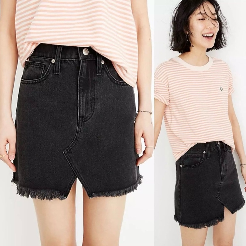 Madewell Rigid Denim A-Line Mini Skirt Lunar Wash Black Cutout Edition Size 29